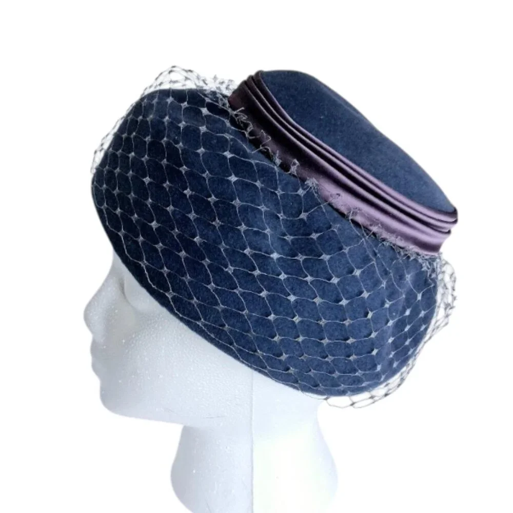 1950s Genuine Velour Imported Fur Blue w/Purple Ribbon Trim Pillbox Hat